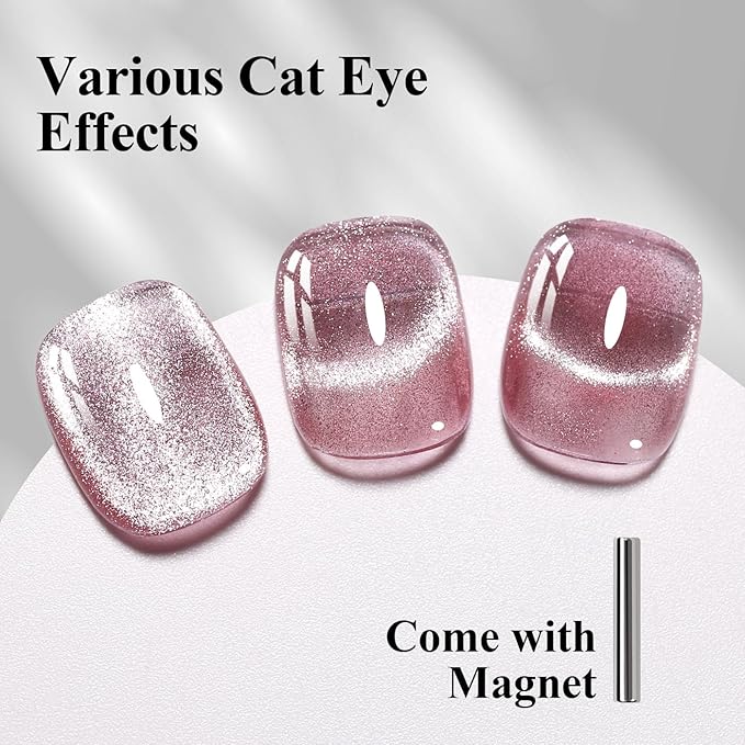 10ml Hema Free Pink Cat Eye Gel Nail Polish Soak Off Long Lasting Holographic UV/LED with Magnetic Stick Gift for Women 1Pcs