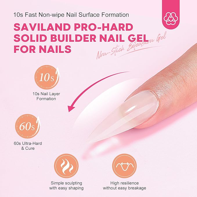SAVILAND PRO-Hard Solid Builder Nail Gel for Nails: 2024 Ultra-Strength | Non-Sticky | Clear 3D Nail Gel with U V Lamp for 3D Nail Carving Emboss & Fast Extension Professional Use Salon