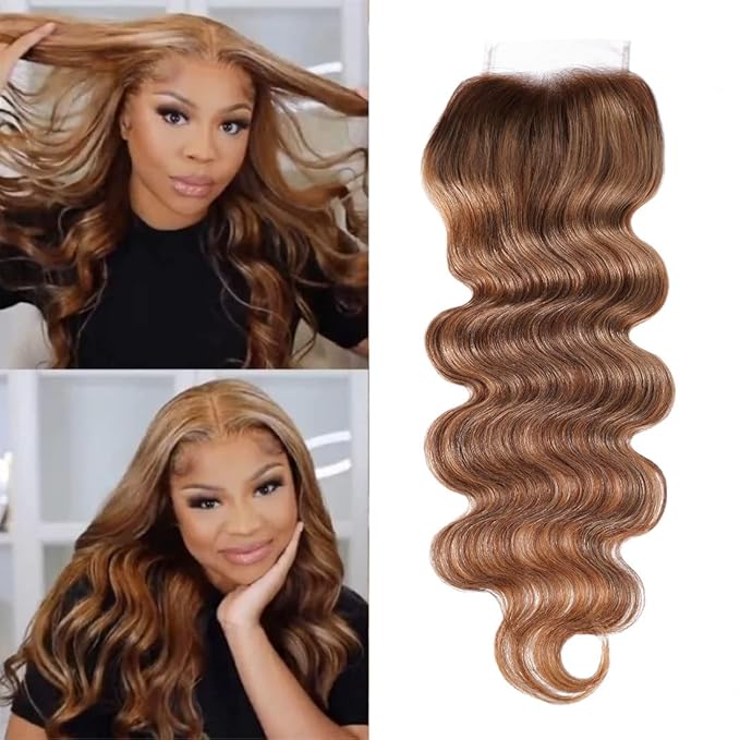 UNICE Honey Blonde Highlight Body Wave 4x4 Lace Closure Free Part 16 inch 100% Remy Human Hair Closure for Women TL412 Color