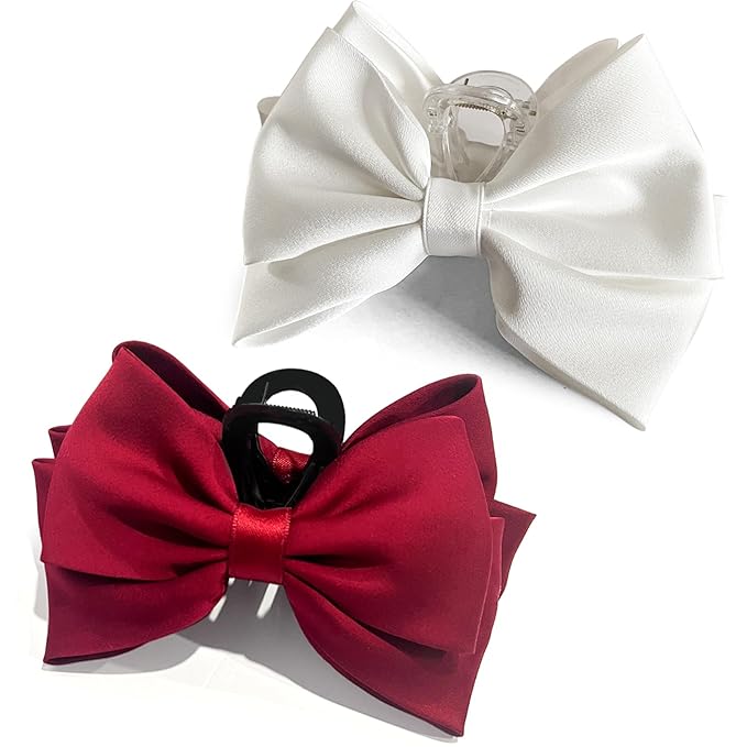 Bow Claw Clip,StrongHold Cute Bow Hair Claw Clips for Women Girls,Nonslip Silky Big Hair Bows Ribbons for Hair Claws,Large Claw Clips for Thick/Thin Hair Styling Accessories Gifts (white,red)