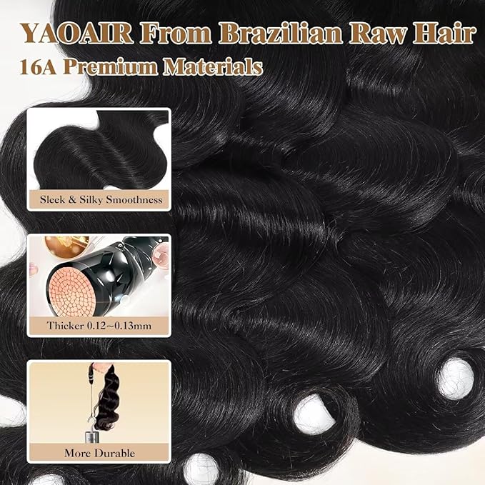 16A Raw Human Hair Bundles,16 Inch 1 Bundles Body Wave Bundles Human Hair,100% Unprocessed Brazilian Virgin Hair,Quick Weave,Hair Extensions Natural Black For Women,3X Longer Lifespan