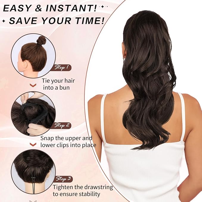 Ponytail Extension, Drawstring Ponytail Extension for Women 20 Inch Long Wavy Brown Pony Tails Hair Extensions Synthetic Clip in Ponytail Hairpiece for Women