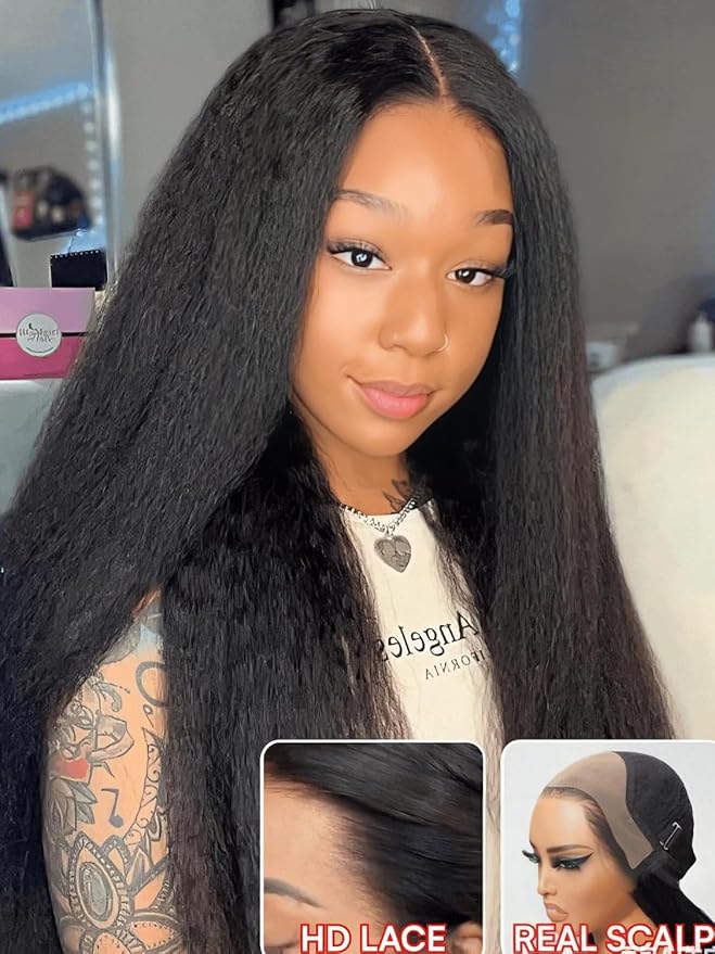 Julia Hair 13x4 HD Real Scalp™ Wig Invisible Pre Everything Lace Frontal Kinky Straight Wig Glueless With Invisi Drawstring Pre Plucked Pre Cut Natural Black Wigs for Women Put On and Go 18 Inch