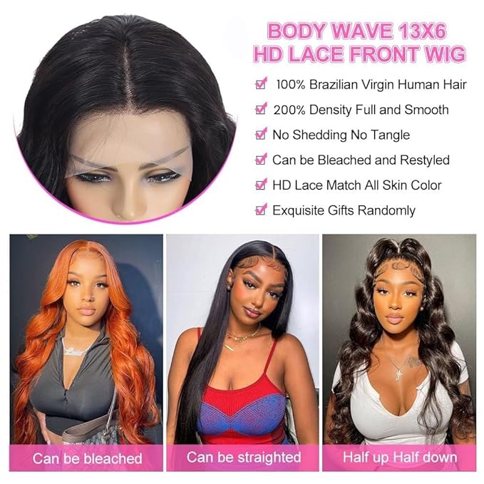 24Inch 13x6 Body Wave Lace Front Wigs Human Hair Pre Plucked With Baby Hair 200% Density Glueless Wigs for Women HD Transparent Lace Front Wigs with Natural Hairline