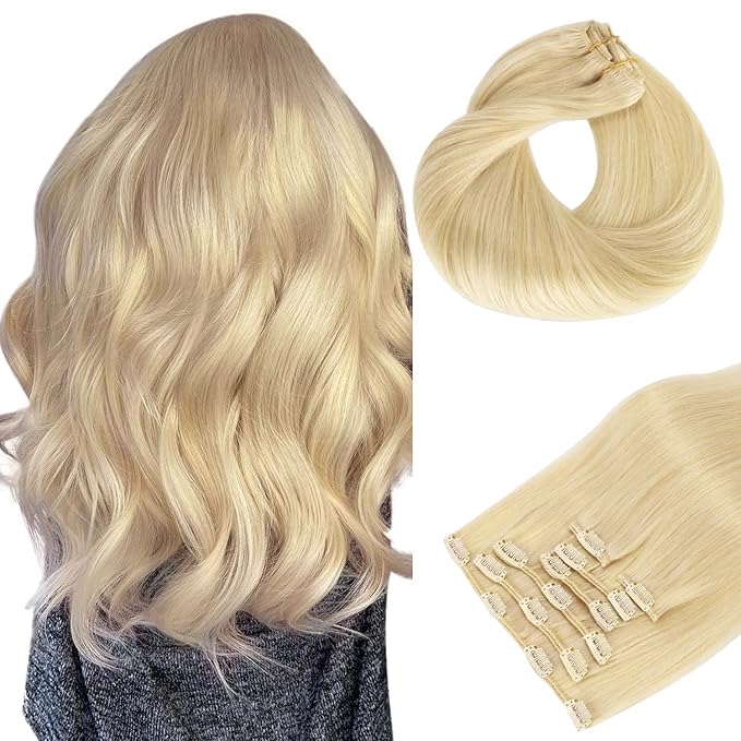 HOTBANANA Human Hair Clip in Hair Extensions, Bleach Blonde Hair Extensions 120g Clip in Hair Extensions Real Human Hair Straight Remy Hair Clip Ins 22 Inch 7pcs