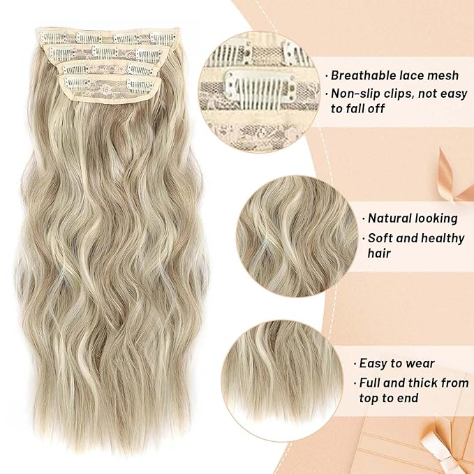 4PCS Curly Clip In Hair Extensions Dark Golden Mix Beige Blonde Synthetic 20inch long Wavy Clip in Hair Extensions Double Weft Long Thick Hairpieces Full Head For Women (20INCH, 18H613)