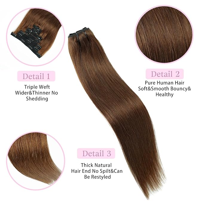 Clip in Hair Extensions Real Human Hair Chocolate Brown 22 inch 7pcs 100g/Pack, Human Hair Clip in Extensions, Salon-Grade Quality, Easy Comfort Wear for Women (#4, 22 inch)