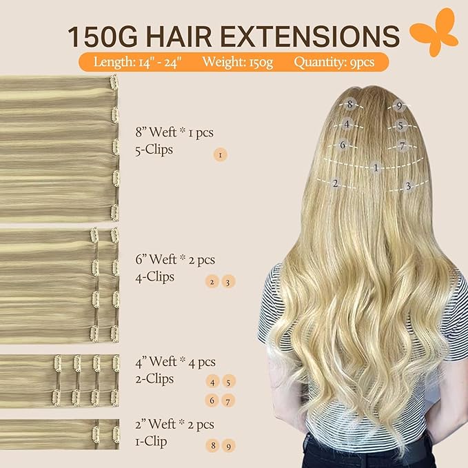 DOORES Clip in Hair Extensions, Light Blonde Highlighted Golden Blonde 150g 9pcs 24 Inch, Real Human Hair Clip ins Remy Clip In Hair Extensions Natural Silky Straight