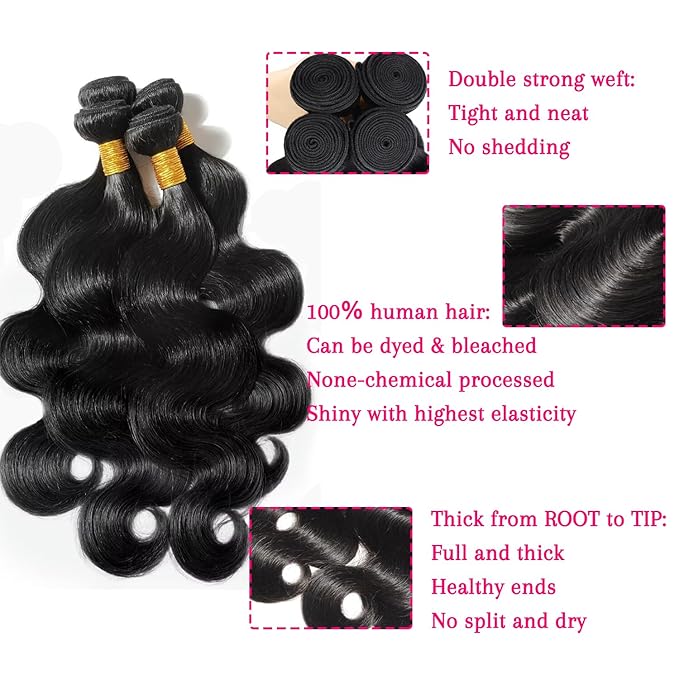 12A Human Hair Bundles Body Wave 4 Bundles Human Hair 20 22 24 26 Inch 100％ Unprocessed Brazilian Virgin Hair Quick Weave Wavy Human Hair Extensions for Women Natural Black