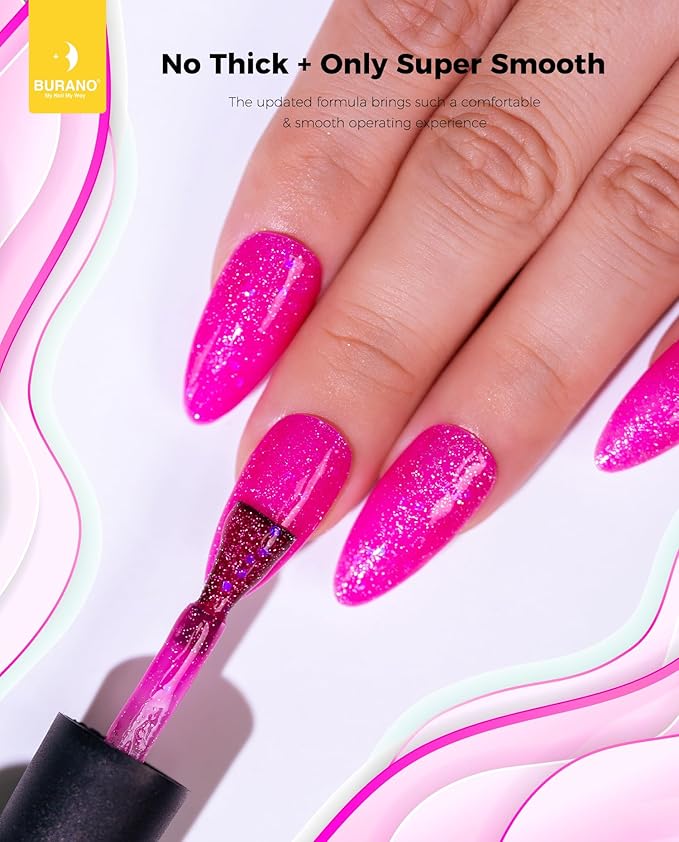 BURANO Glitter Gel Nail Polish - LED UV Curing, Holographic Effect, No Chip Sparkle Gel - Hot Pink (LP14)