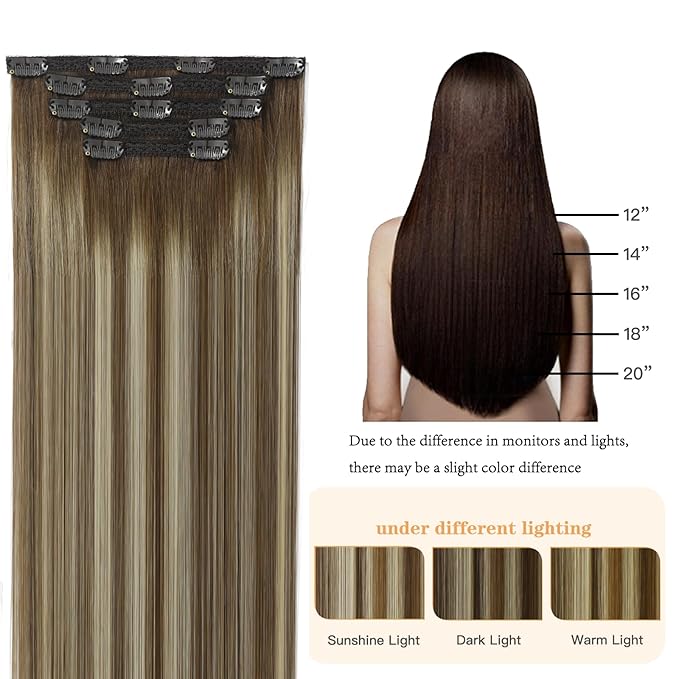 Clip in Hair Extensions Chestnut Brown Balayage to Platinum Blonde Mix Brown Real Human Hair Medium Brown Ombre Hair Extensions Remy Human Hair Clip in Extensions 12 Inch 5Pcs 80g
