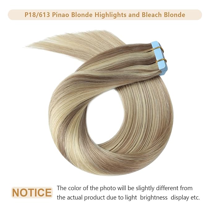 YILITE Blonde Tape in Hair Extensions 16Inch Tape in Real Hair Extensions Highlight 18 Ash Blonde Mix 613 Blonde Real Human Hair Double Side Tape ins 40g 20PCS Remy Tape in Extensions(16 inch P18/613)