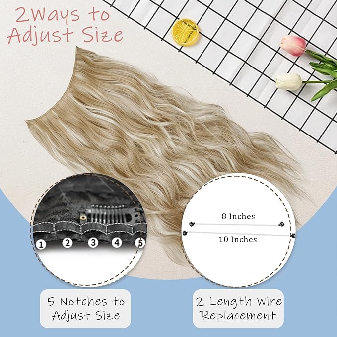 Blonde Highlights Invisible Wire Hair Extensions Long Wavy Synthetic Hairpiece with 4 Secure Clips for Women 20 Inch Clip in Hair Extensions