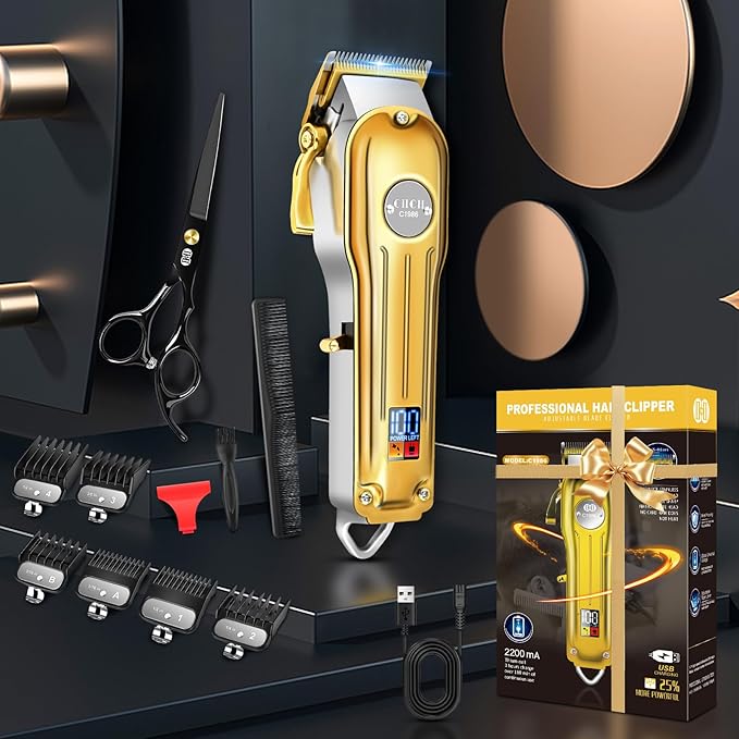 CIICII Hair Clippers for Men Professional, Cordless Barber Clippers for Hair Cutting (12Pcs Rechargeable USB Adjustable LCD Display Hair Beard Grooming Trimming Haircut Kit) for DIY Home Barber Salon