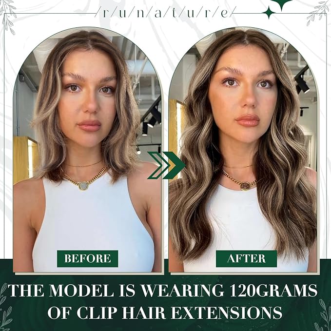 RUNATURE Clip in Hair Extensions Real Human Hair Dark Brown Highlight Soft Silky Human Hair Clip in Extensions 50g 3pcs 18 Inch #3P12 Brown Highlight Blonde