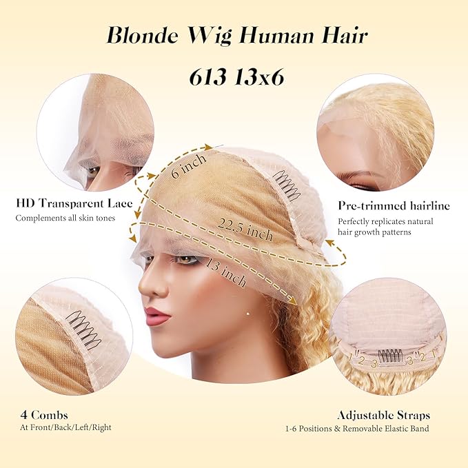 613 Lace Front Wig Human Hair 13x6 Transparent Lace Deep Wave 180 Density Free Part Blonde HD Lace Frontal Wig for Women 28 Inch (13x6 613 Deep Wave Wig, 42 Inch)