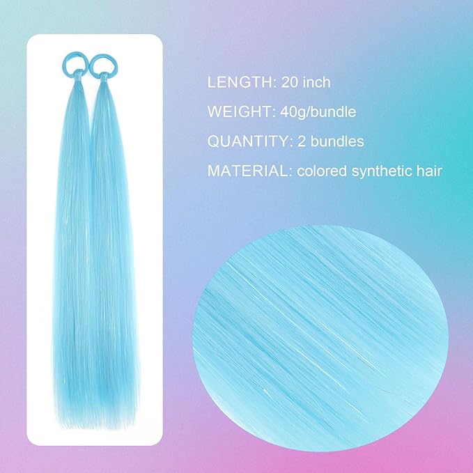 Colored Hair Extensions Blue Ponytail Extension 2 Packs, 20 inch Crazy Hair Day Accessories for Women, DIY Festival Wacky Rave Braids,Tinsel Mixed