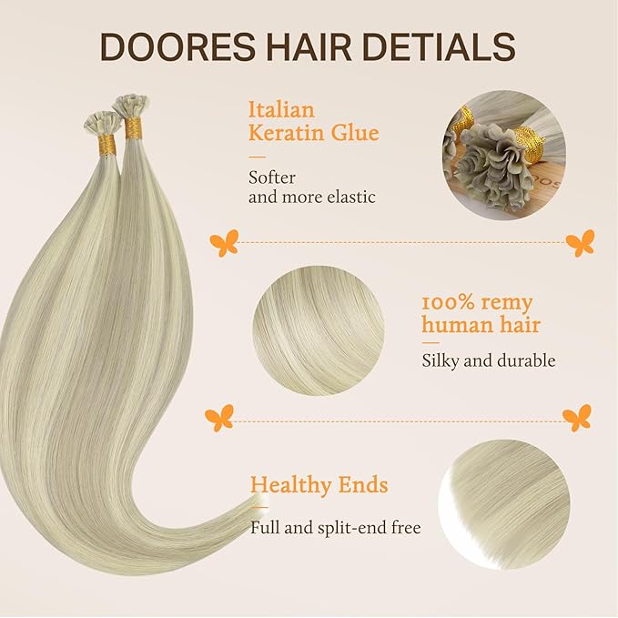 DOORES Ktips Hair Extensions Human Hair, Ash Blonde Highlighted Platinum Blonde 14 Inch 50g/50s, K Tip Extensions for Women