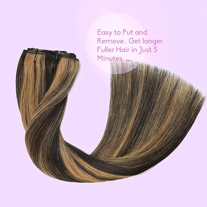 Clip in Hair Extensions Real Human Hair 8pcs Per Set with Double Weft 100% Seamless Hair Extensions for Women #Dark Brown Highlight Chestnut Brown 16inch 90g/3.0