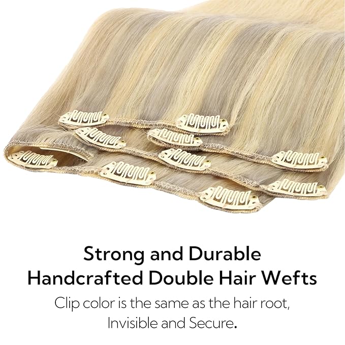 HOTBANANA Clip in Hair Extensions Real Human Hair, 135g 9pcs 16 inch Ash Blonde to Golden and Platinum Blonde Straight Remy Clip in Extensions Full Head for Women