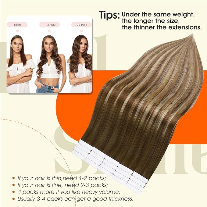 Full Shine Invisible Tape in Hair Extensions Human Hair Color 4/27/60/8 Brown And Blonde Seamless Tape Hair Extensions Real Remy Human Hair 18Inch Natural Human Hair Extension Wedding 50G 20Pcs