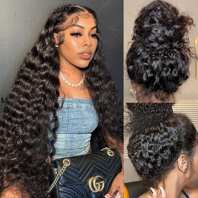 360 Lace Front Wigs Human Hair 220% Density 360 Deep Wave HD Human Hair Wigs Pre Plucked With Baby Hair 360 Brazilian Virgin Water Wave Curly Full Lace Wig for Women 22 Inch Natural Color
