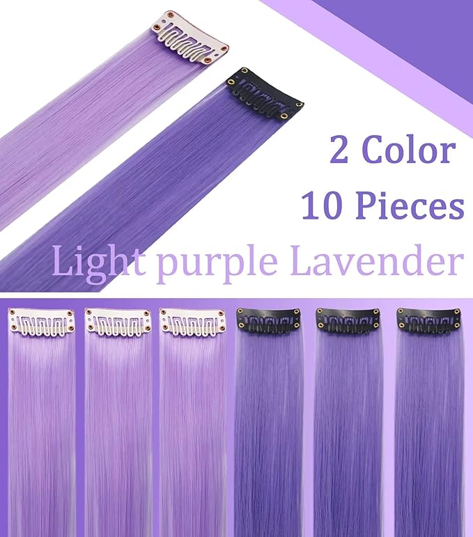10PCS 20 Inch Lavender Light Purple Hair Extensions for Girls Wig Pieces Clip in Coloured Hair Extensions for Women Colorful Hairpieces Party Highlights Synthetic Multiple Colors