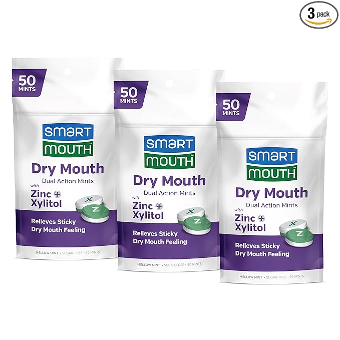 SmartMouth Dry Mouth Dual-Action Mints - Sugar-Free Breath Mints - 50 Count, 3 Pack, Mellow Mint