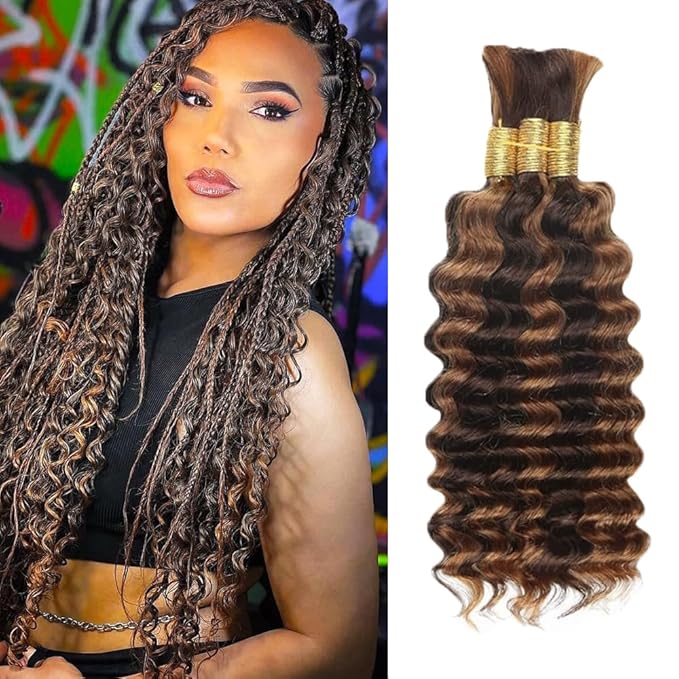 34 34 34 Inch Brown Braiding Hair Deep Wave Bulk Color 4 Human Braiding Hair 150g/3 Bundles Deep Curly P430 Brown Boho Virgin Hair Extensions