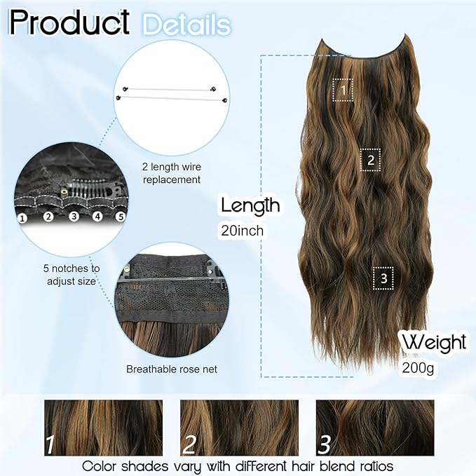 Brown Highlight Invisible Wire Hair Extensions Long Wavy Synthetic Hairpiece with 4 Secure Clips for Women 20 Inch Clip in Hair Extensions