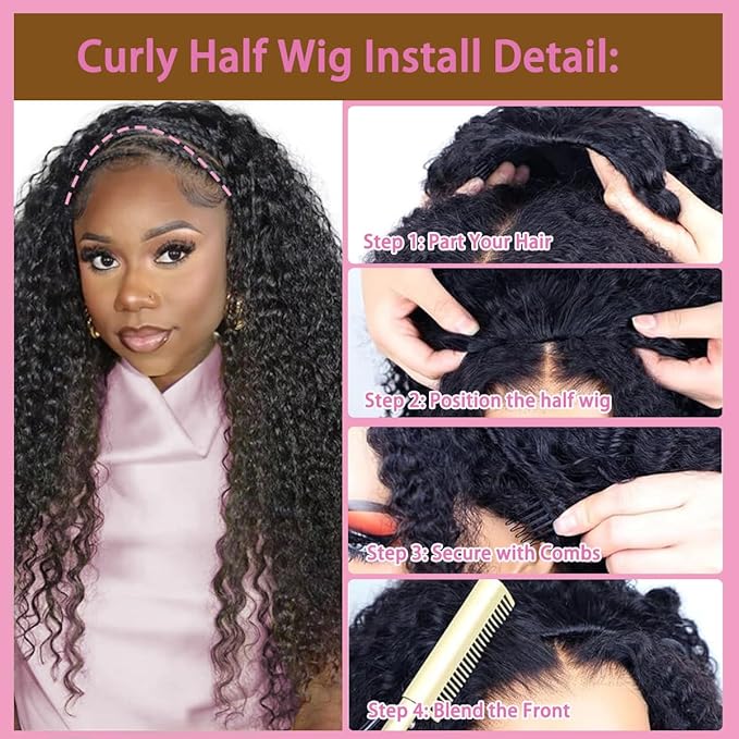 Half Wig Human Hair for Women 3 In 1 Deep Curly Glueless Wigs 200 Density Flip Over Beginner Friendly Wear Go Drawstring Wig No Glue No Sew Natural Color & Easy Install 16 Inch