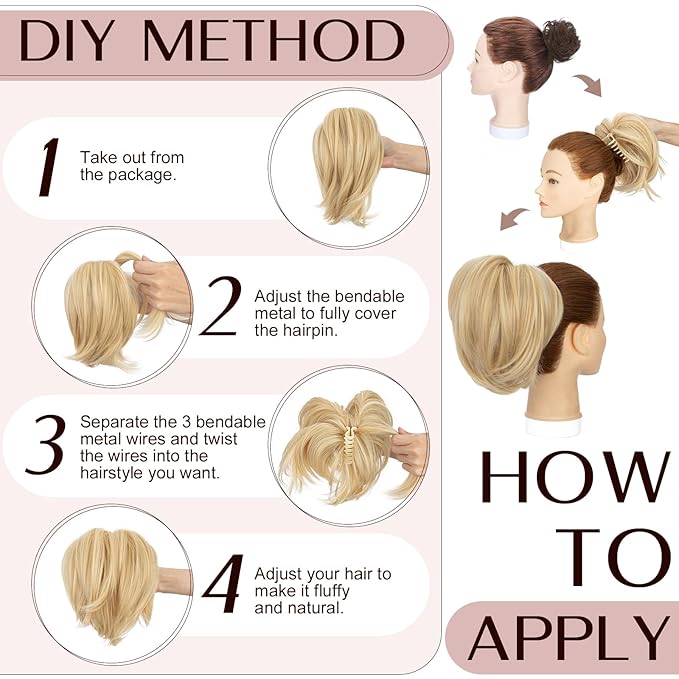 Claw Clip Short Ponytail Hair Extensions Messy Bun Hair Piece Pony Tails Hair Extensions with Bendable Metal Wire Hair Pieces DIY Style 8 Inch 86H613 Soft Brown & Light blonde