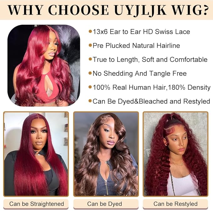 28 Inch Red Lace Front Wigs Human Hair Body Wave 13x6 HD Glueless Wig 200 Density Pre Plucked With Baby Hair Burgundy Lace Front Wigs for Women
