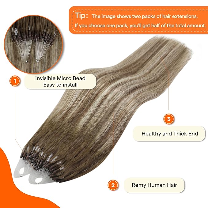 Full Shine Micro Loop Hair Extensions Human Hair Brown Ombre Ash Blonde and Honey Blonde Micro Link Human Hair Extensions 16 Inch Prebonded Extensions Remy Hair 50G with 7G Micro Beads