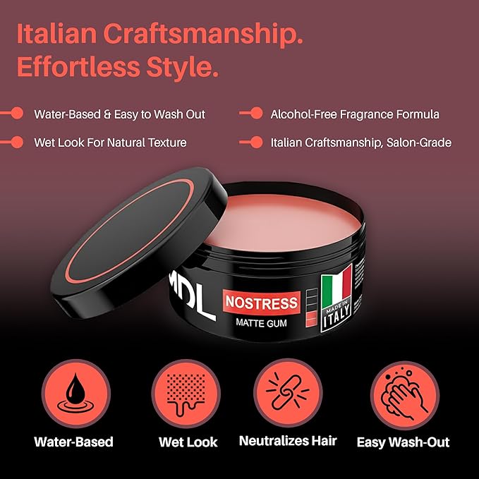 NO STRESS Matte Gum Hair Wax for Men, Reworkable Hold Pomade Alternative for Natural Matte Finish, Alcohol-Free Hair Hair Care for Control & Soft Finish, Water-Based, Made in Italy, 100 ml