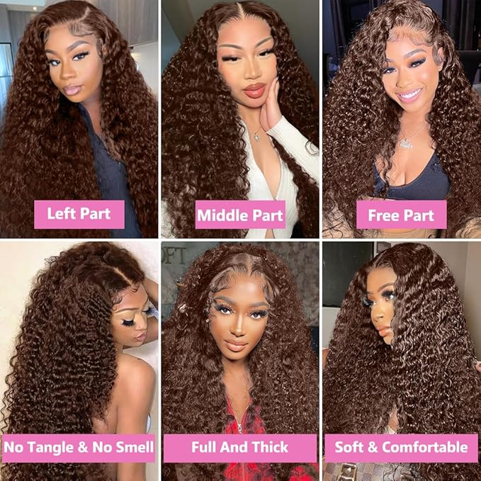34Inch Chocolate Brown Lace Front Wig Human Hair 200 Density 13x6 HD Deep Wave Lace Front Wigs Human Hair Colored Deep Curly Lace Frontal Wigs Glueless Wig Brown Wig Wigs for Women