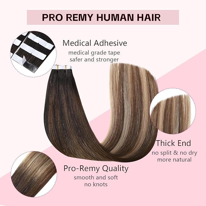 Invisible Tape in Hair Extensions Real Human Hair 3rd-Generation #1b/4/27 Natural Black to Chocolate Brown and Caramel Blonde 20pcs 30g 14inch Injected Tape ins Extensions（#1b/4/27-14inch）
