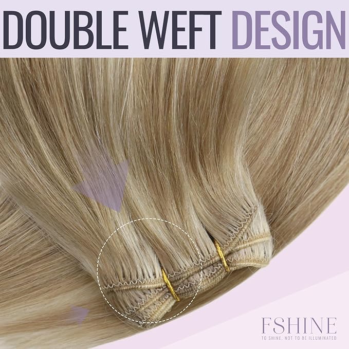 Fshine Weft Hair Extensions Human Hair 20 Inch 100 Gram Highlight Dark Ash Blonde with Golden Blonde Sew in Real Human Straight Bundle One Piece