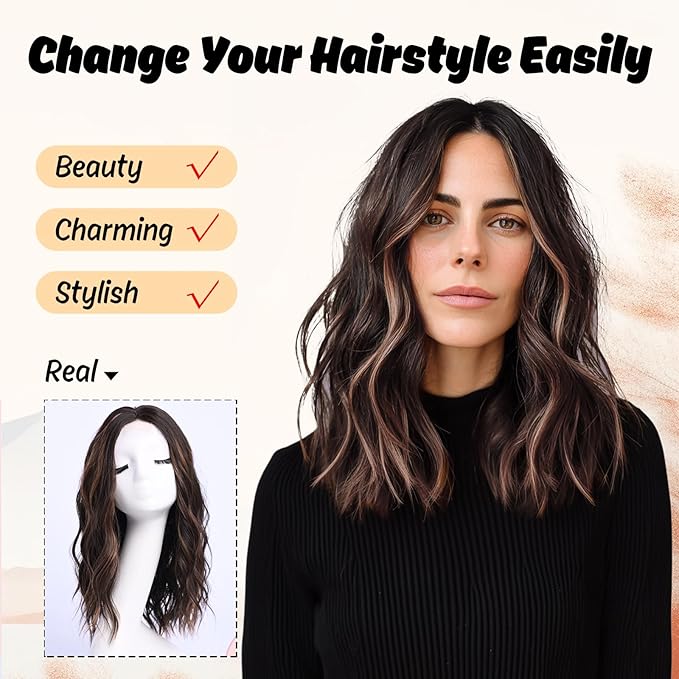 Dark Brown Wig with Highlight Medium Length Wigs for Women Middle Part Synthetic Hair Wigs Mixed Wavy Highlights Natural Hair for Daily Party Halloween Colourful Wig Highlighted（16 inch）