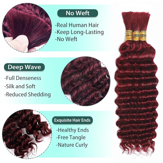99J Human Braiding Hair for Boho Braids 16 Inch Burgundy Deep Wave Bulk Human Hair Red Wet and Wavy Braids Extensions