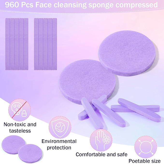 Mifoci 960 Pieces Purple Compressed Facial Sponges for Estheticians, Makeup Removal Sponge Pads for Women Spa Exfoliating Face