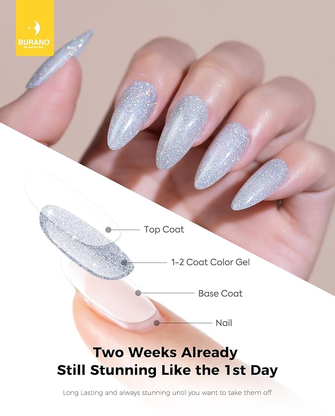 BURANO Glitter Gel Nail Polish - LED UV Curing, Holographic Effect, No Chip DiY Silver Nail Gel LP61