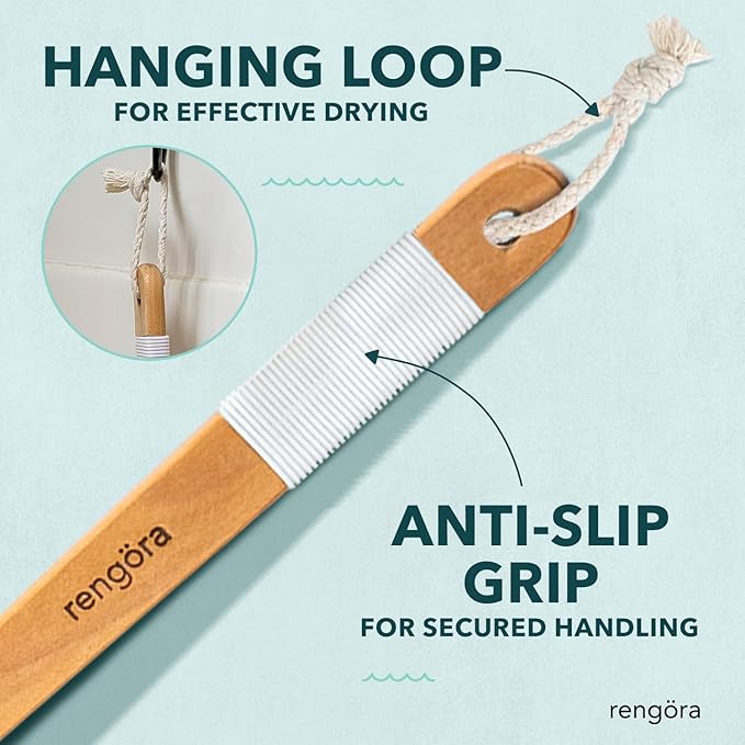 Back Scrubber for Shower - 20" Long Handle Shower Brush - Natural Bristle Back Brush - Ergonomic Handle + Silicone Anti-Slip Grip - Great Gift Idea - Men, Women + Elderly Love This (Firm Bristles)