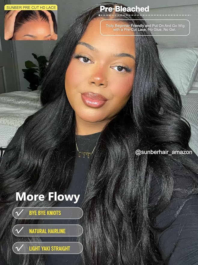 Sunber Yaki Straight Human Hair Wig Pre Cut 7x5 HD Lace Front Wig Bye Bye Knots Pre Plucked Bleached Knots Put On and Go Glueless Yaki Straight Human Hair 180% Density 22Inch Yaki Straight Wigs