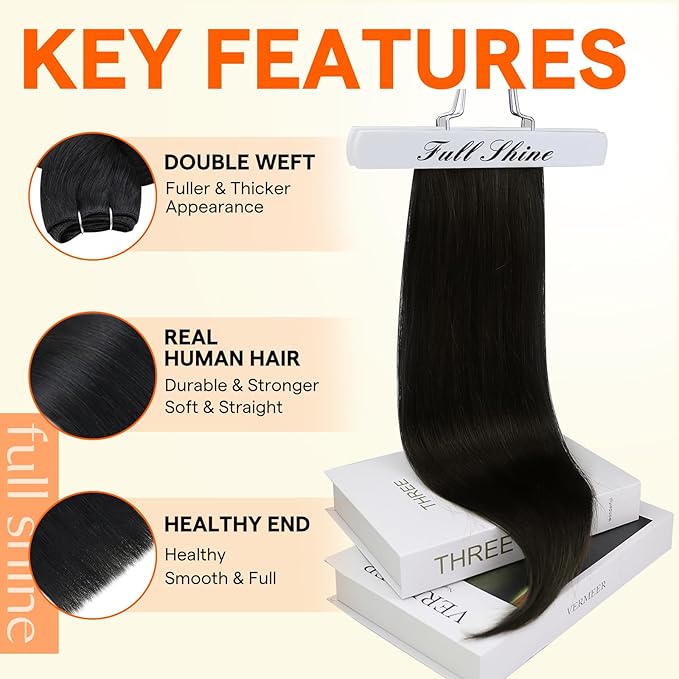Full Shine Sew In Hair Extensions Real Human Hair Color Jet Black Human Hair Bundles Invisible Weft Hair Extensions Soft Hair Sew In Extensions For Women 16 Inch 105G