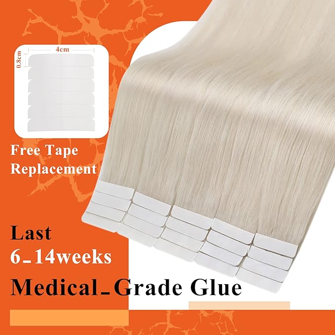 Full Shine Hair Extensions Tape in 22 Inch Color 1000 White Blonde Thick Tape in Extensions Double Sided Skin Weft Remy Human Hair Silky Straight 20 Pcs Invisible Add Length for Women 50Gram