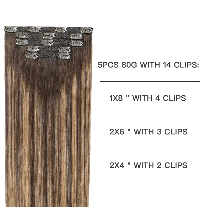 Clip in Hair Extensions Human Hair Balayage Chocolate Brown to Caramel Blonde 12 Inch 5pcs 80g Real Hair Extensions Human Hair Clip in Extensions Straight Hair Remy Extensions