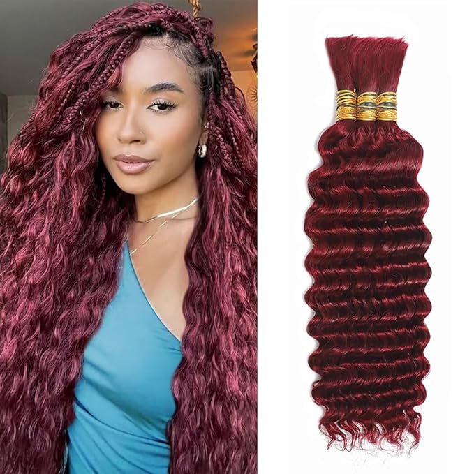 99J Human Braiding Hair for Boho Braids 14 Inch Burgundy Deep Wave Bulk Human Hair Red Wet and Wavy Braids Extensions