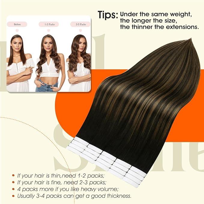 Full Shine Invisible Tape in Hair Extensions Human Hair Balayage Tape ins Human Hair Extensions Color 1B/6/1B Seamless Skin Weft Hair 22 Inch Double Sided Tapes for Women Add Length 50Gram 20Pcs
