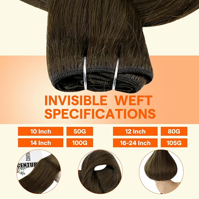 Full Shine Weft Hair Extensions Human Hair Sew In Hair Extensions Remy Weft Color Darker Brown Sew In Extensions 22 Inch 105G Invisible Hair Weft